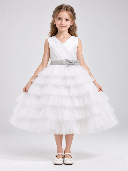 Children's Dress with a Tiered Skirt and V-Shaped Bodice on-model view