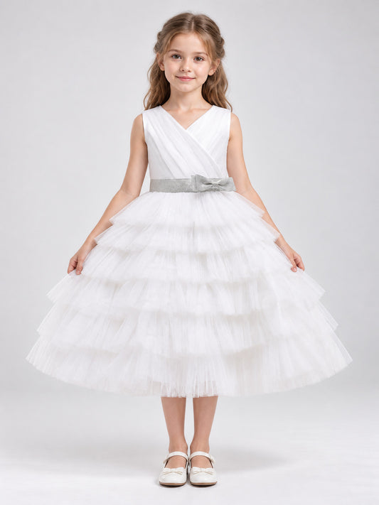 Children's Dress with a Tiered Skirt and V-Shaped Bodice on-model view