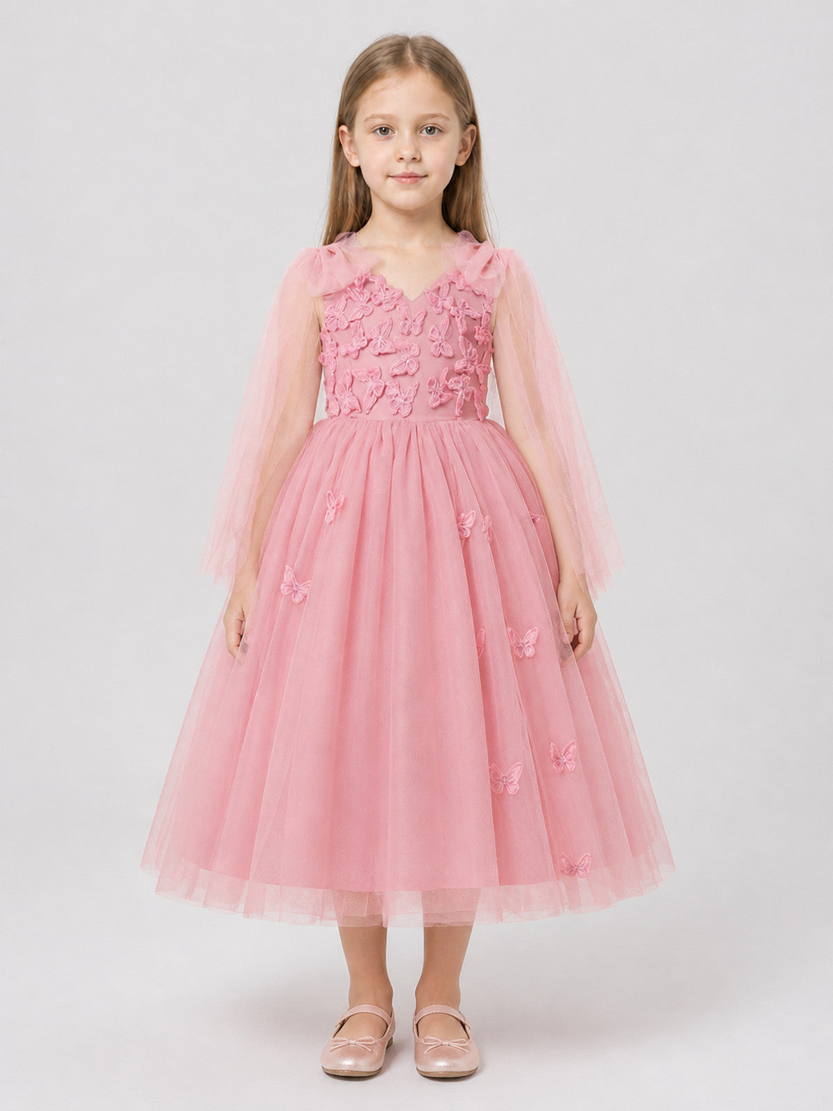 Festive Dress with Butterfly Embroidery and a Full Skirt on-model view