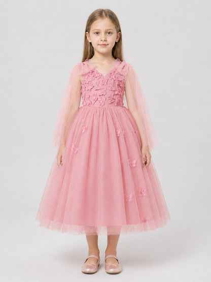 Festive Dress with Butterfly Embroidery and a Full Skirt on-model view