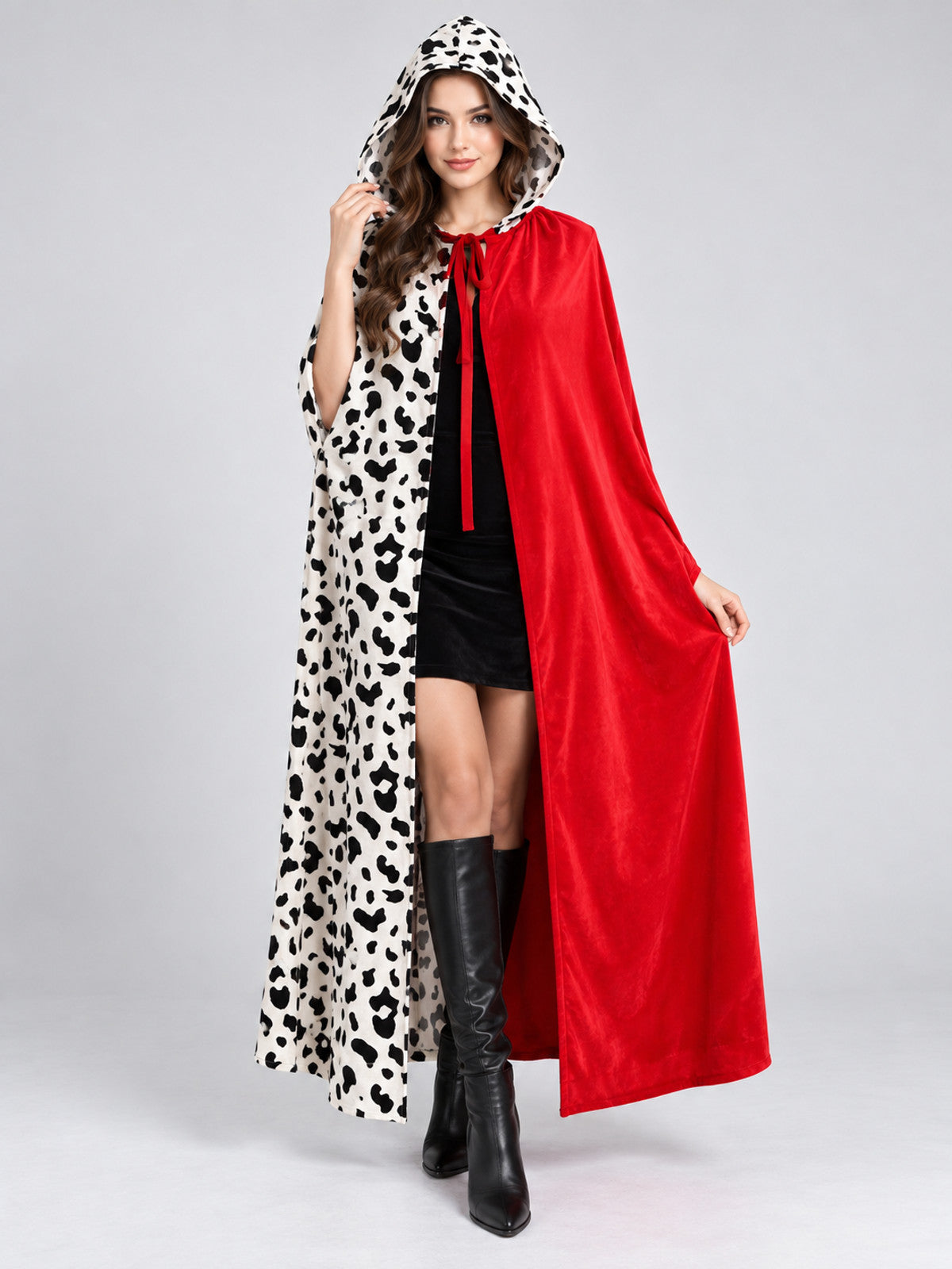 Hooded Cape Cloak, Black-and-White Print, Red Ties