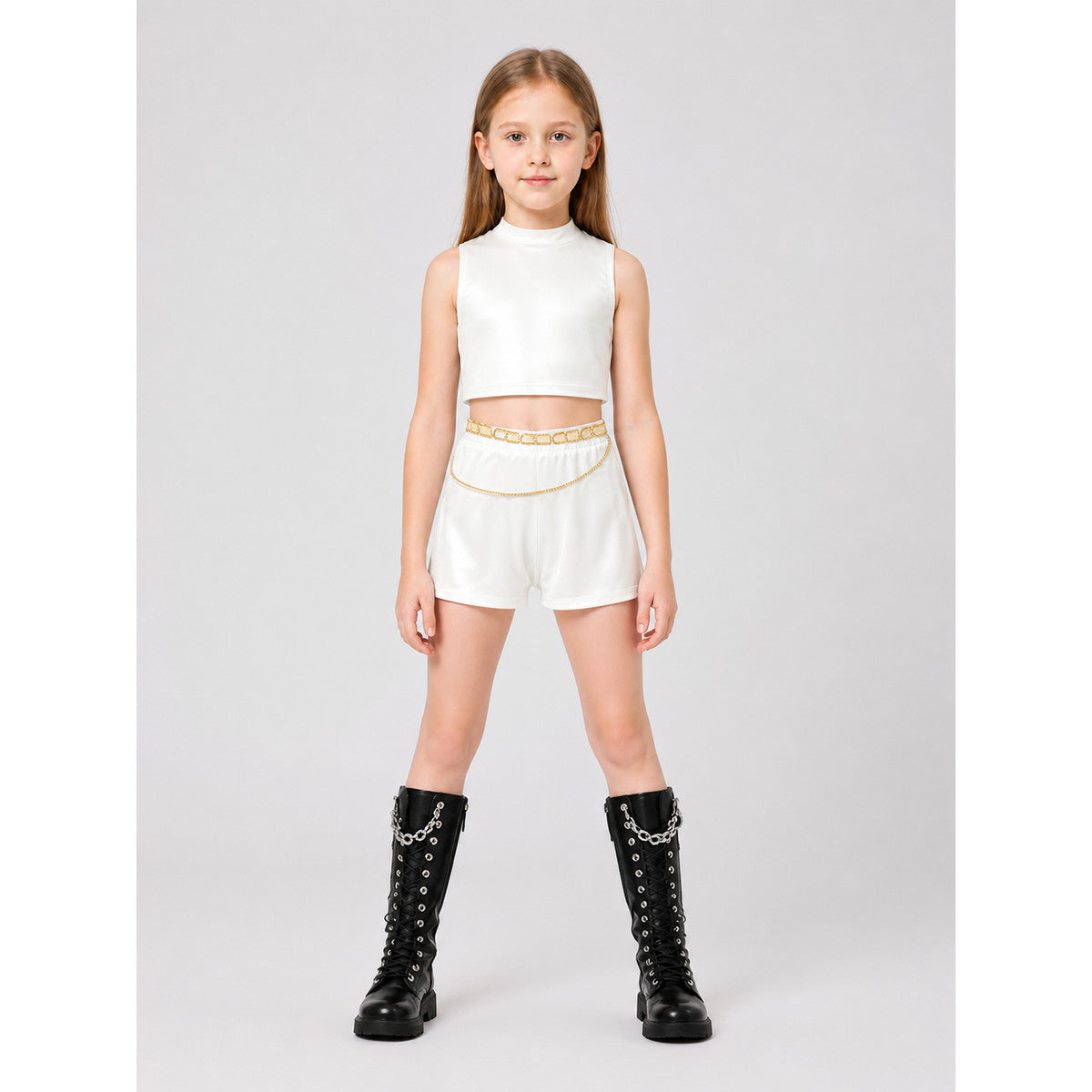 Children's Demon Hunter Stage Costume, White with Gold on-model view