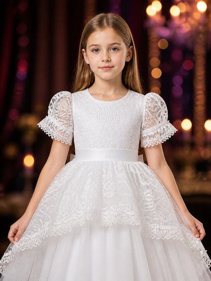 Girls' White Princess Dress, Floral Embroidered Lace Party Gown With Bow on-model view