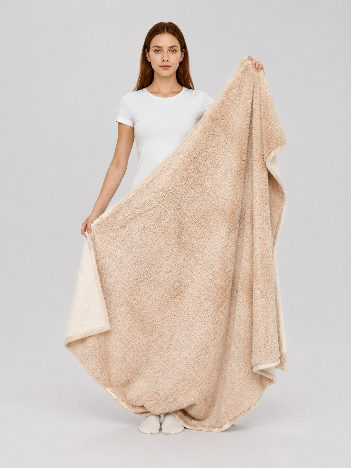 Reversible Pet Blanket, Light Beige on-model view