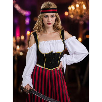 Women's Pirate Costume Set, Red Black Striped Dress with Gold Trim, Halloween on-model view