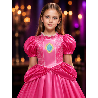 Pink Princess Ball Gown Costume Dress for Girls, Puff Sleeve with Blue on-model view