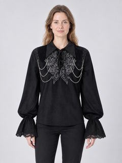 Black shirt with lace and chains on the chest