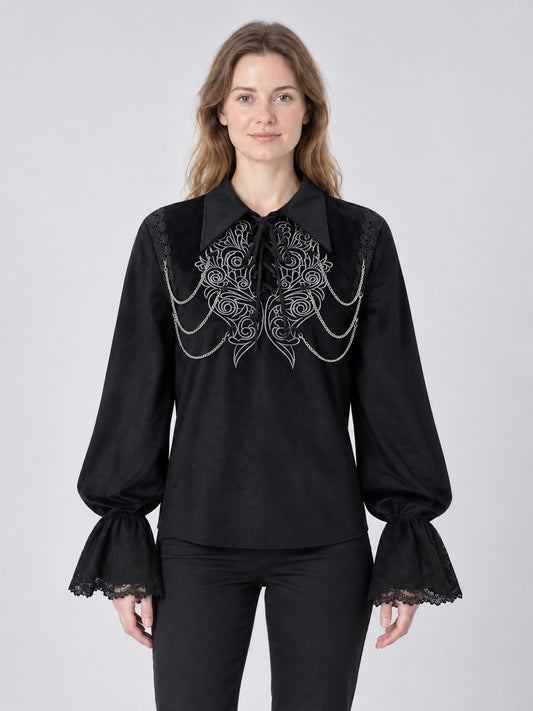 Black shirt with lace and chains on the chest