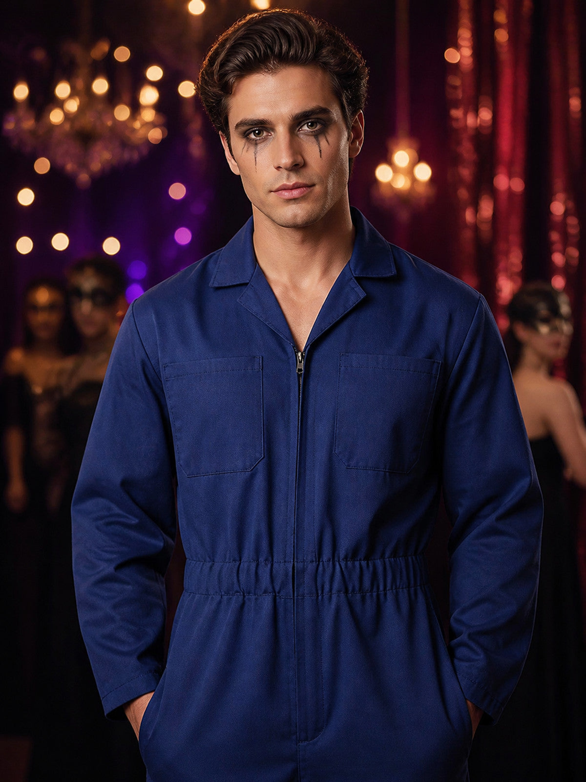 Adult Dark Blue Halloween Horror Movie Character Jumpsuit Costume with Front Zip on-model view