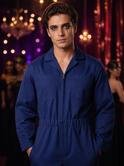 Adult Dark Blue Halloween Horror Movie Character Jumpsuit Costume with Front Zip on-model view