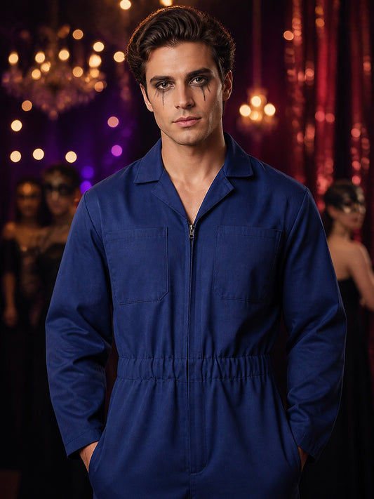 Adult Dark Blue Halloween Horror Movie Character Jumpsuit Costume with Front Zip on-model view