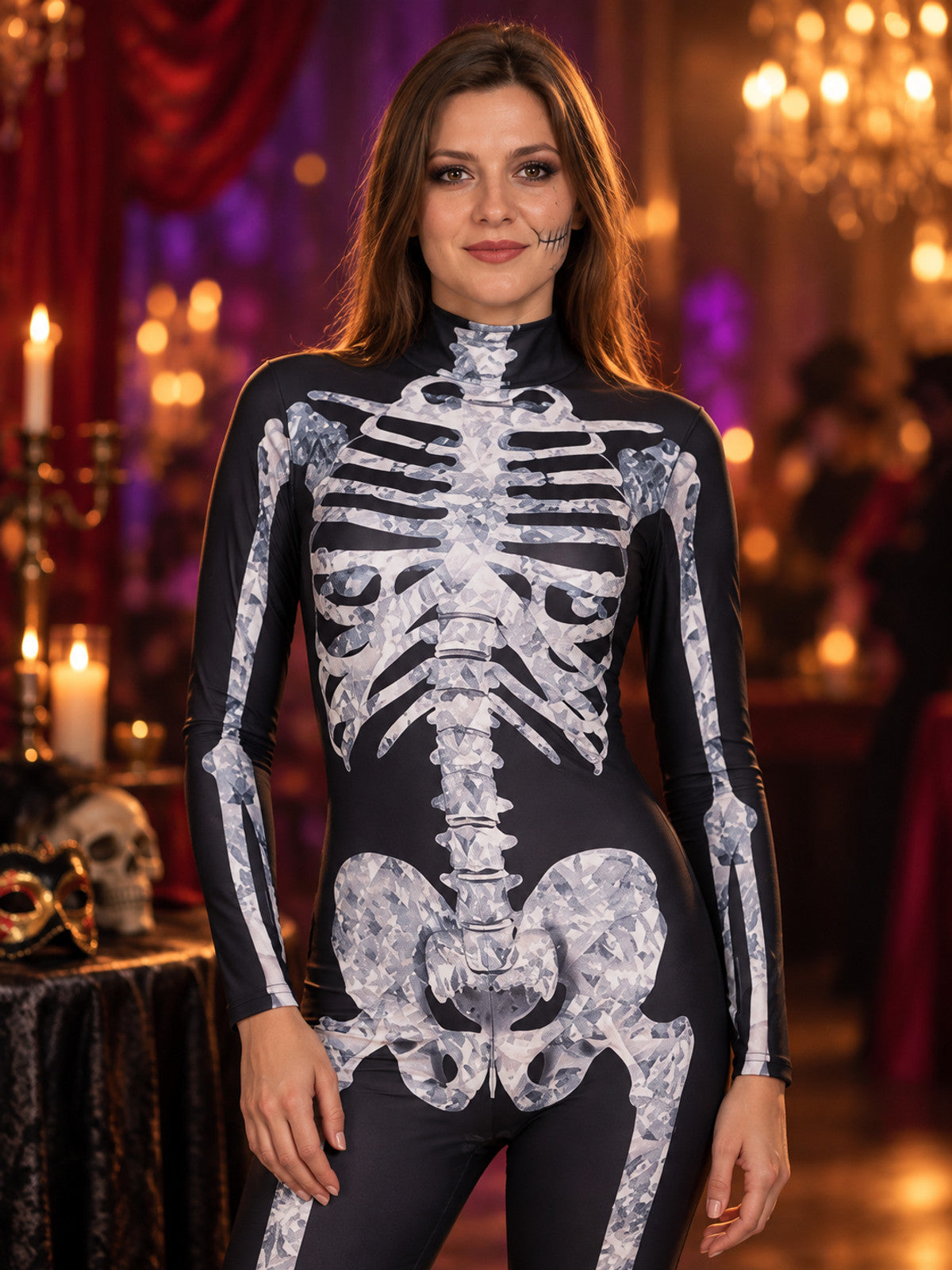 Skeleton Halloween Costume Black Tight Jumpsuit