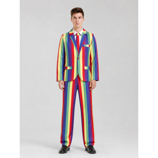 Striped blazer and trousers set in multiple colors—a striking choice for a festive look, costume party, or themed performance. The set includes a striped blazer and trousers designed in a coordinated style. The vertical stripes combine red,