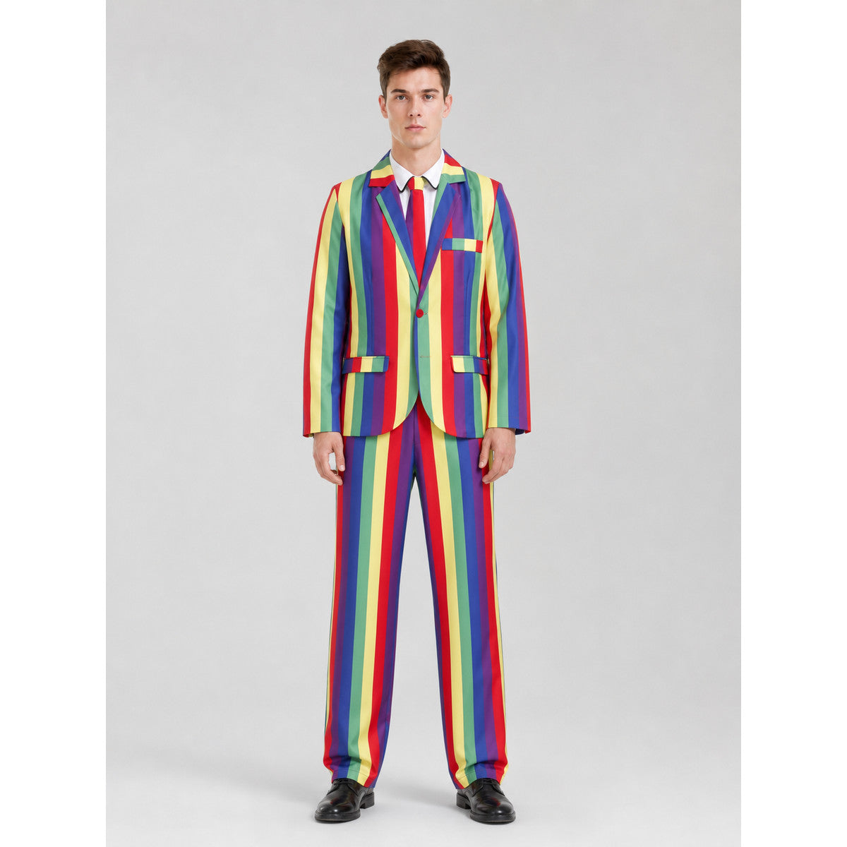 Striped multicolor blazer and pants set—a bold choice for a festive look