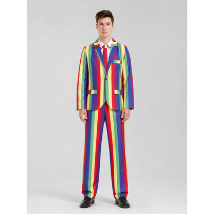 Striped multicolor blazer and pants set—a bold choice for a festive look