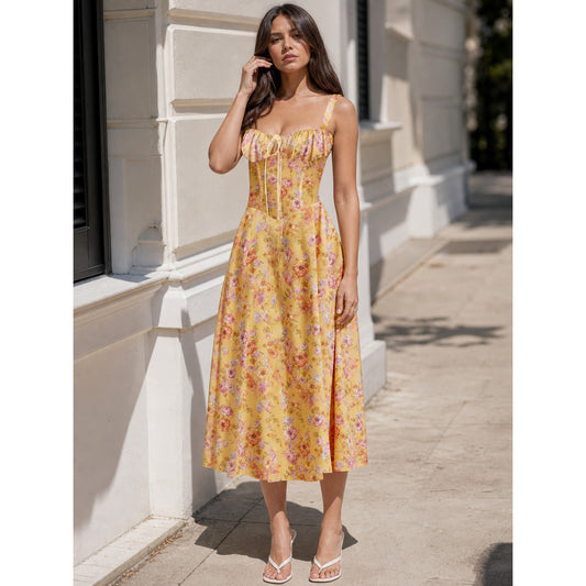 Women's Yellow Summer Midi Dress with Straps