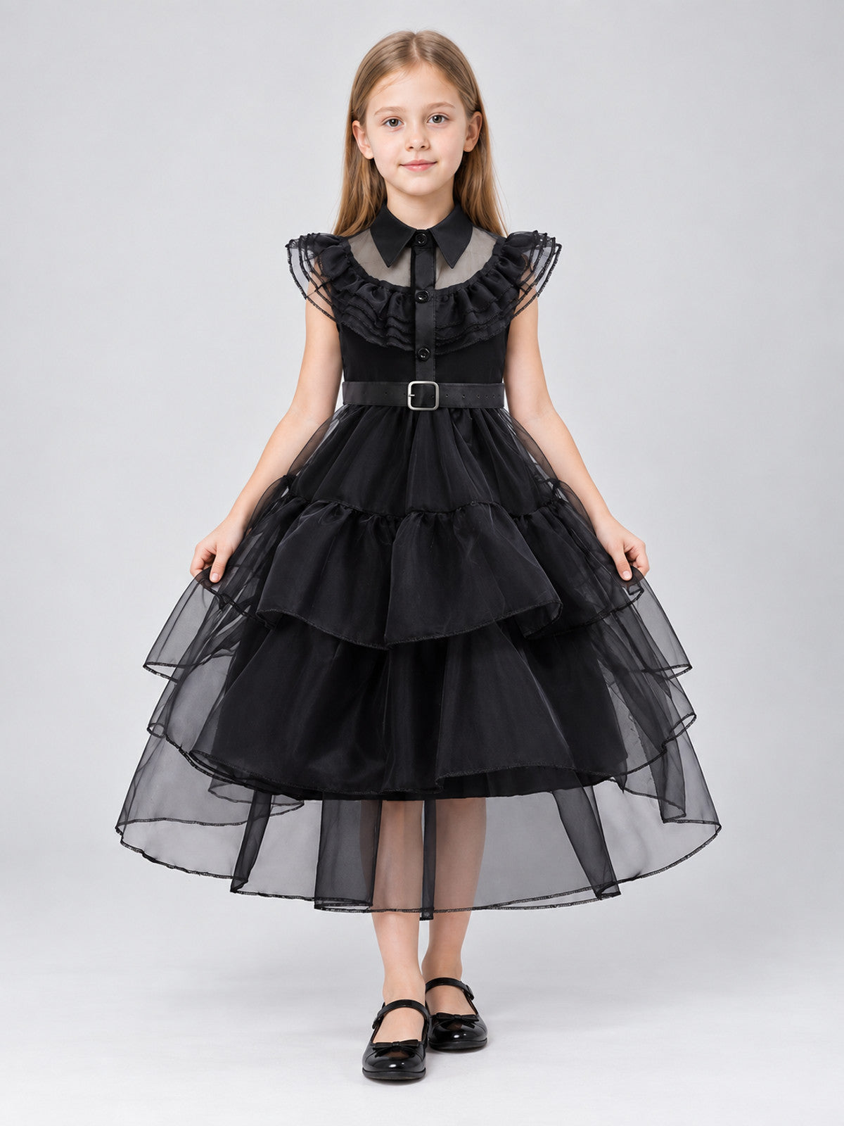 Children's dressy dress with a full skirt and collar on-model view
