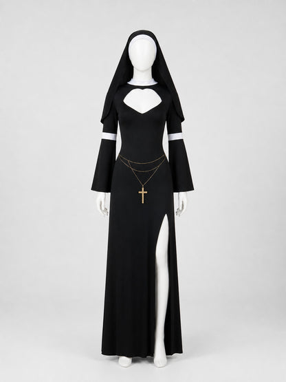 Black Religious Robe Costume with Head Covering and Cross on-model view