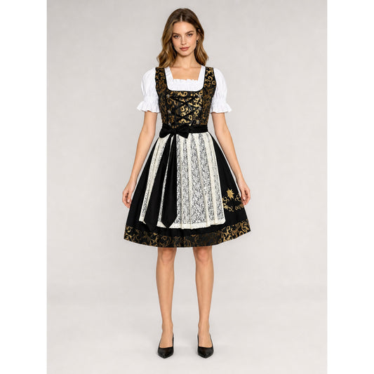 Dirndl Dress with Apron, Black and Gold, S–XXXL front view