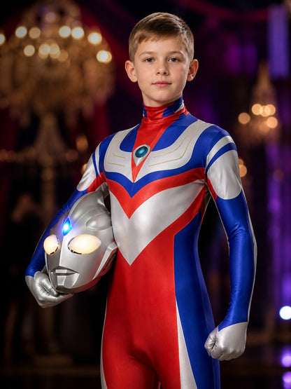 Silver Red Blue Superhero Bodysuit Costume With Helmet, Full-Body Cosplay Outfit on-model view
