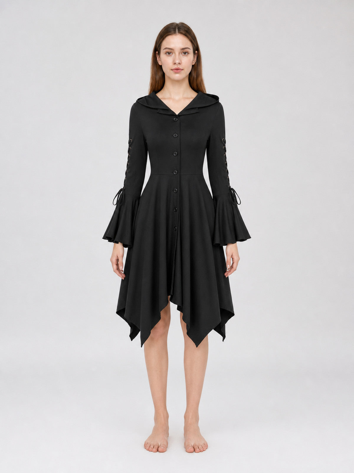 Gothic Hooded Dress with an Asymmetrical Hem front view