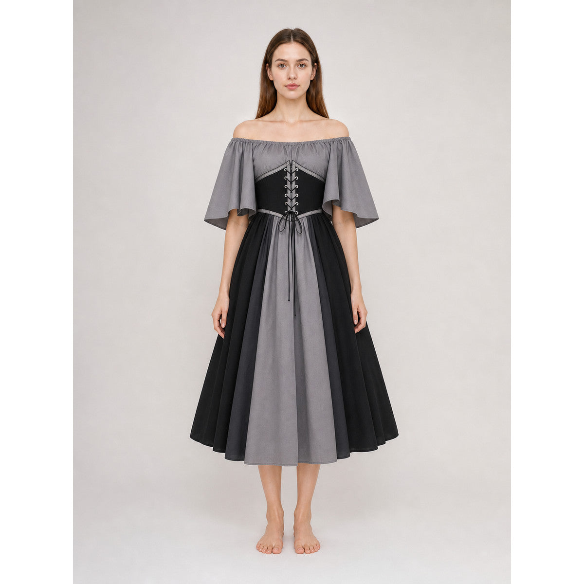 Gothic Dress with Corset, Ruffles, and Lace-Up Detail