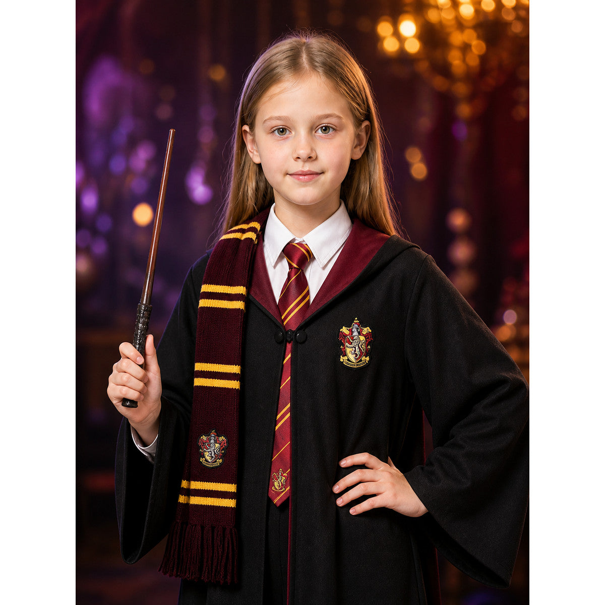 Wizard Robe Costume Set with Shirt, Wand, Tie and Scarf, Black Academy Style on-model view
