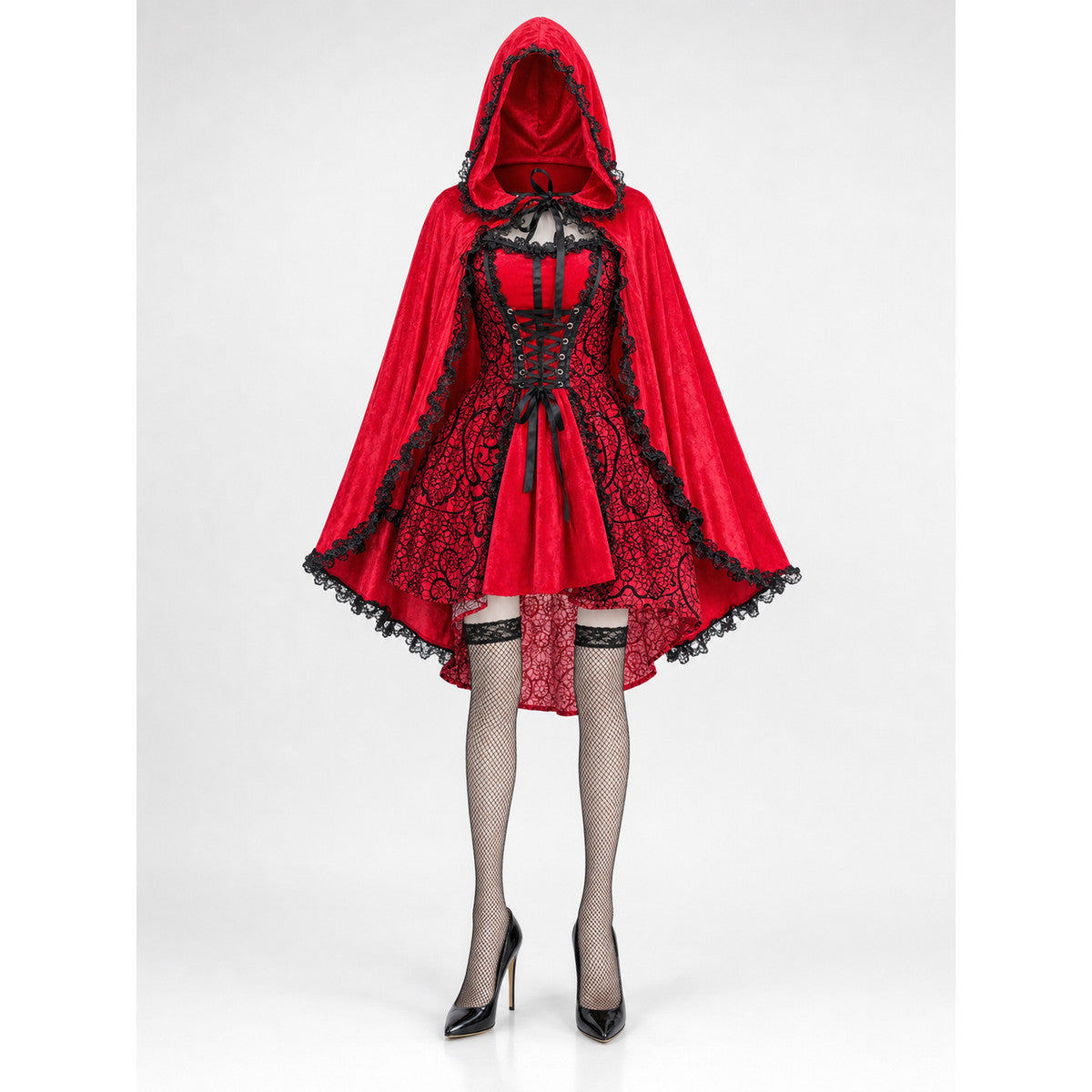 Little Red Riding Hood Costume with Hood and Cape on-model view