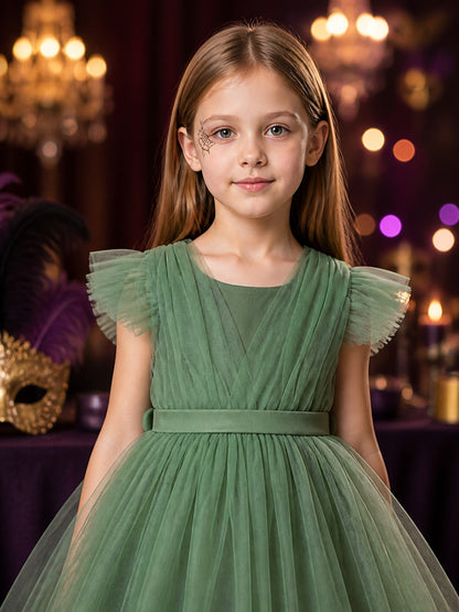 Toddler Girls' Green Princess Dress with Flutter Sleeves and Layered Tulle Full on-model view