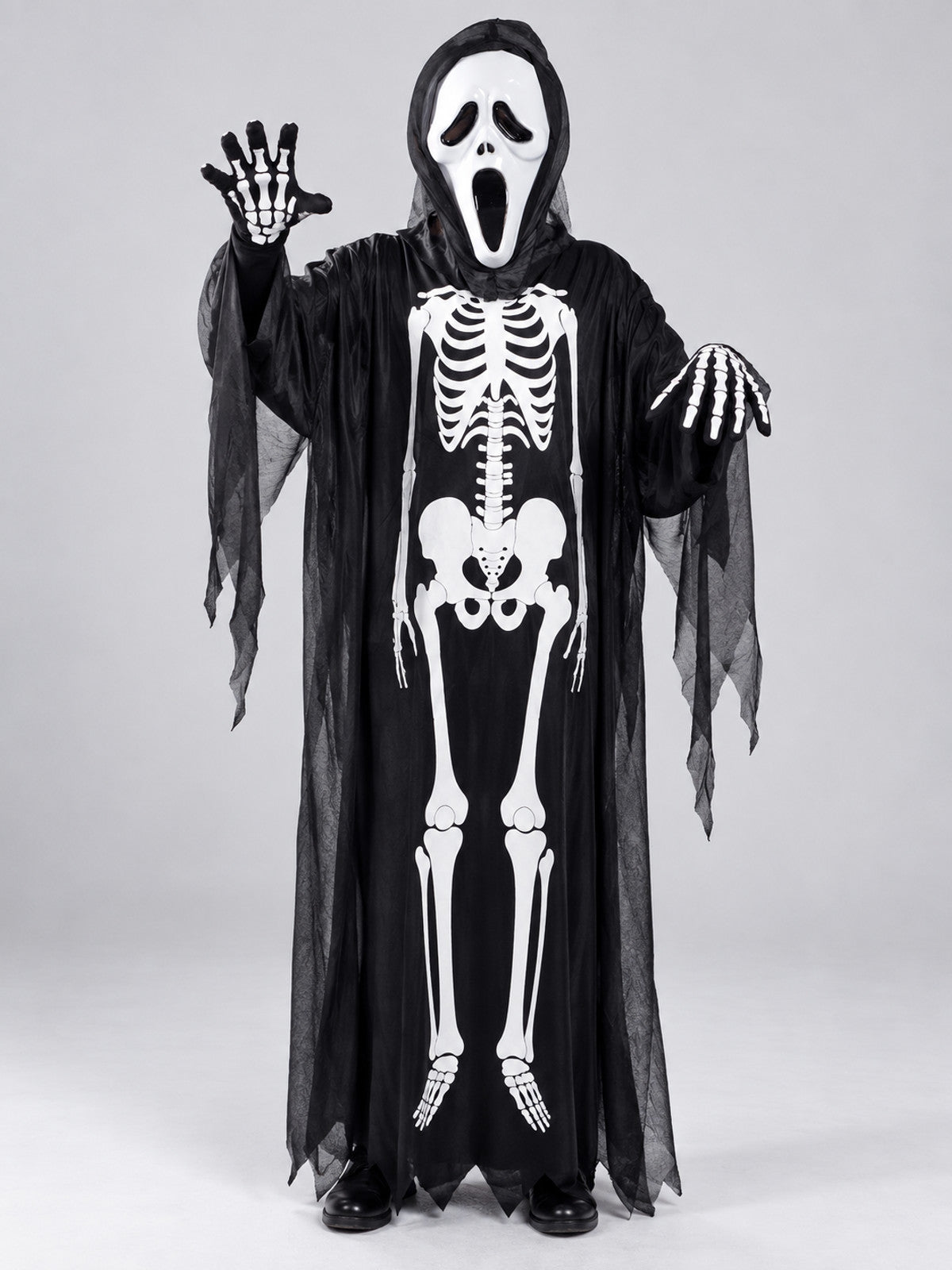 Skeleton Costume with Mask and Hood on-model view