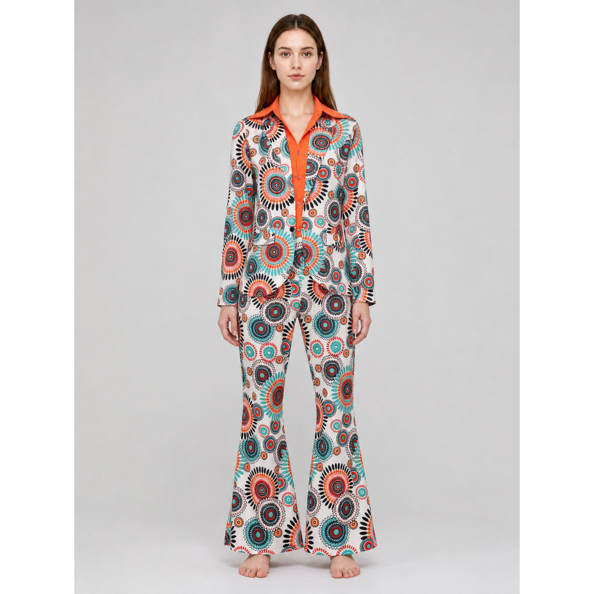 Jumpsuit with Geometric Print, Collar, and Flared Legs on-model view