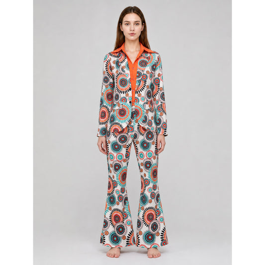 Jumpsuit with Geometric Print, Collar, and Flared Legs on-model view