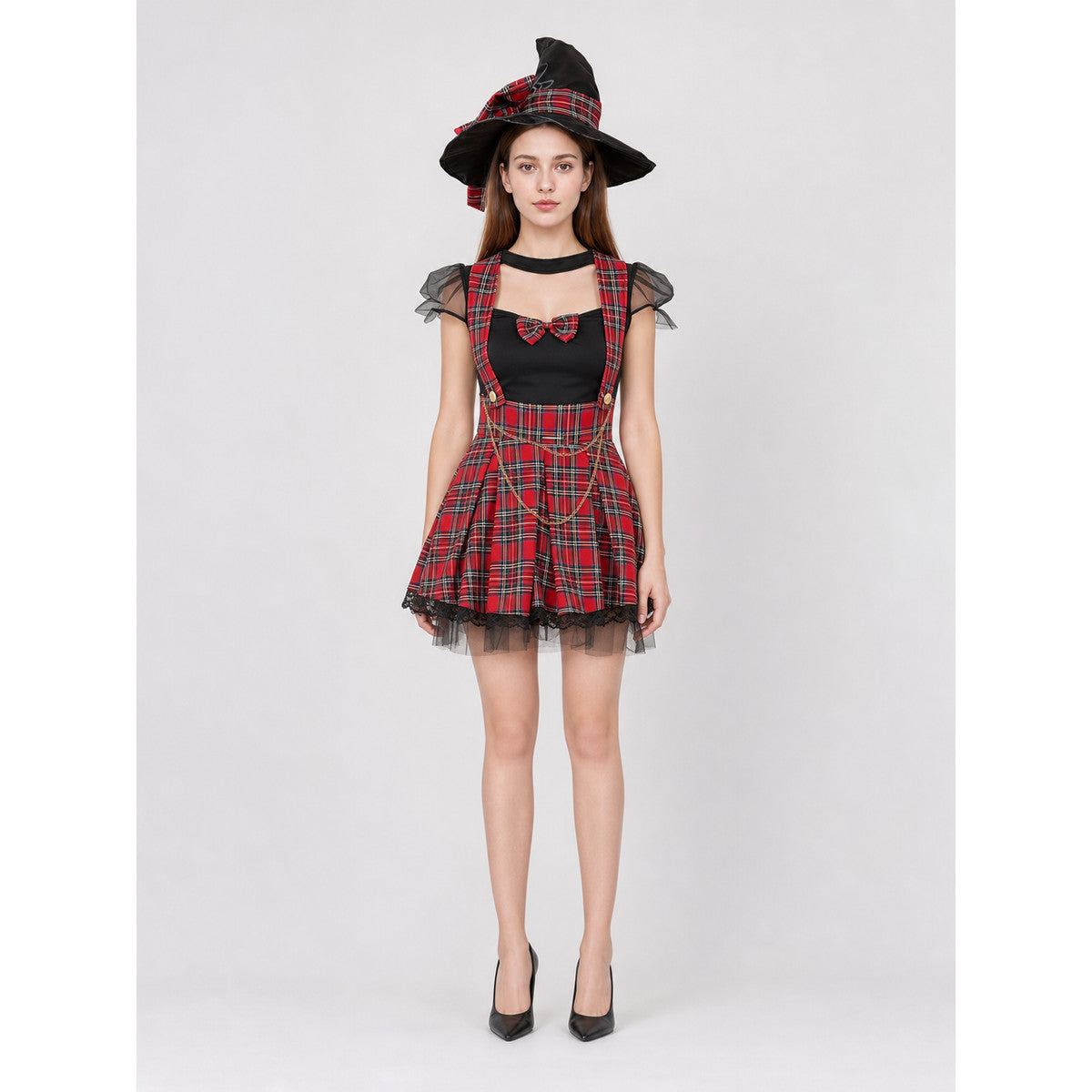Short Red-and-Black Plaid Cosplay Dress on-model view