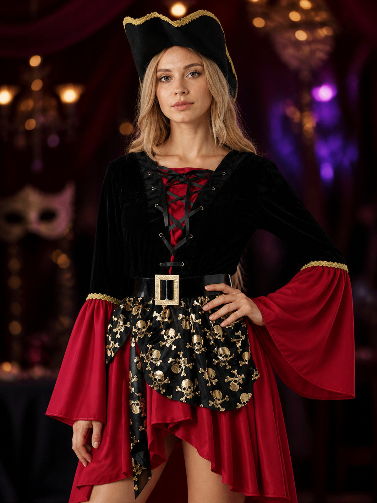 Women's Pirate Costume Set, Black Red Asymmetric Skull Print Dress with Hat & on-model view