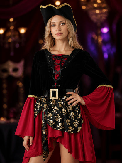 Women's Pirate Costume Set, Black Red Asymmetric Skull Print Dress with Hat & on-model view