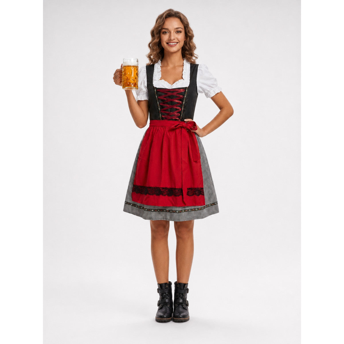 Bavarian Dress with Bodice and Plaid Trim