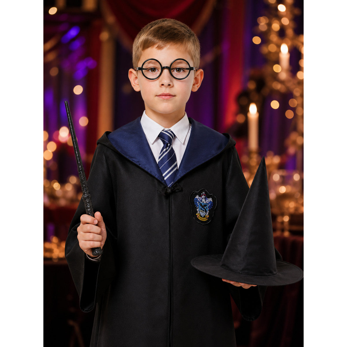 Magic Academy Wizard Costume Set, Hooded Robe with House Crest, Tie, Scarf