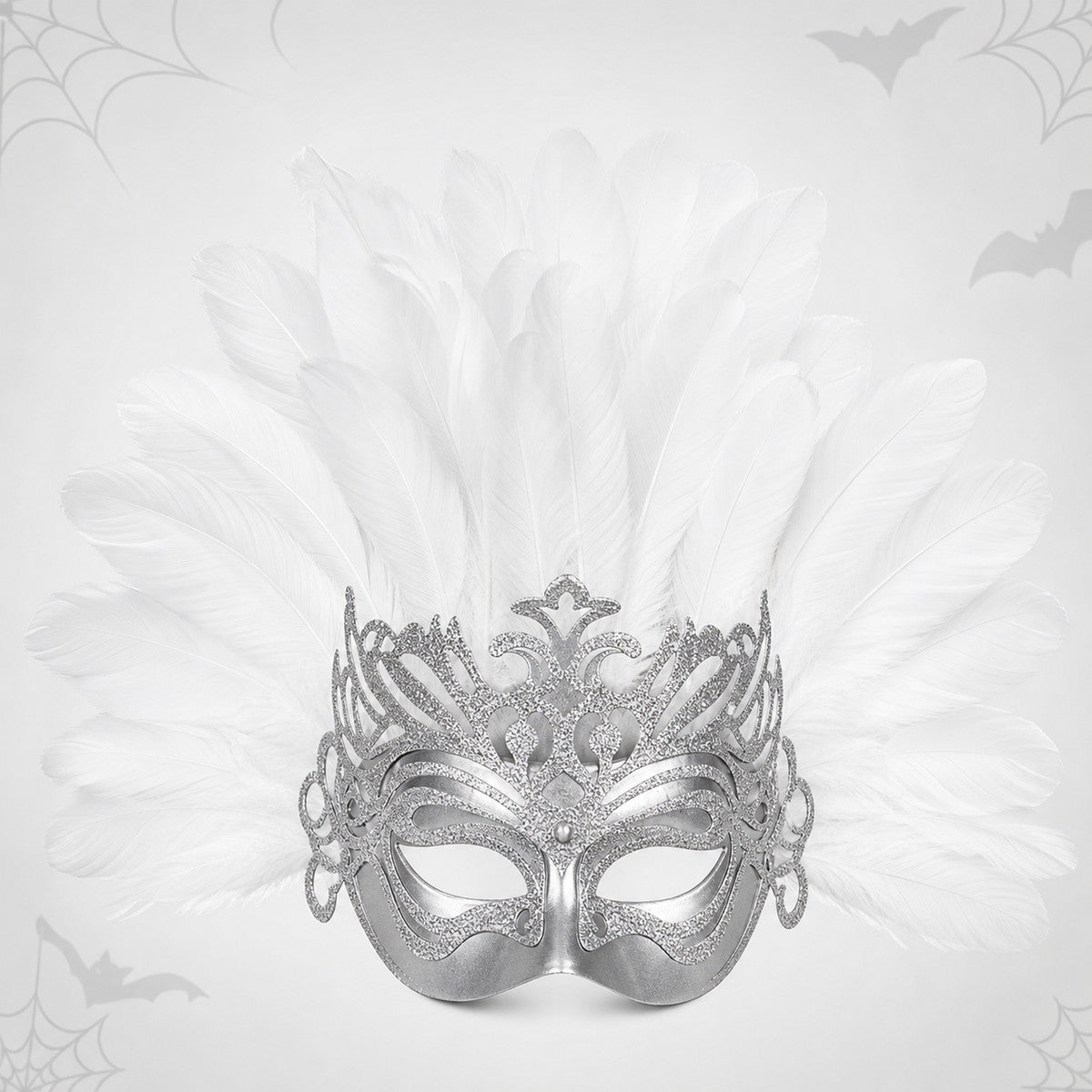 Mask with a white feather headdress and silver decoration