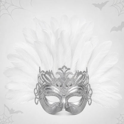 Mask with a white feather headdress and silver decoration