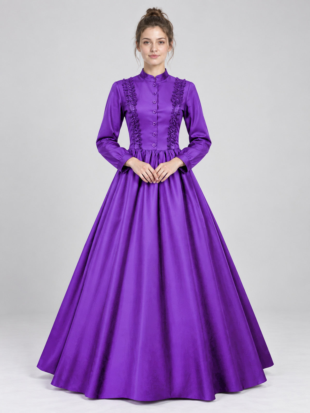 Purple Floor-Length Dress with High Collar and Lace