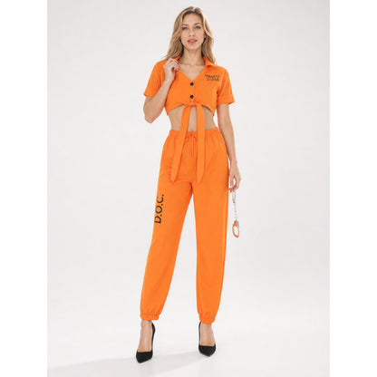 Inmate Costume with Top, Pants, and Handcuffs on-model view
