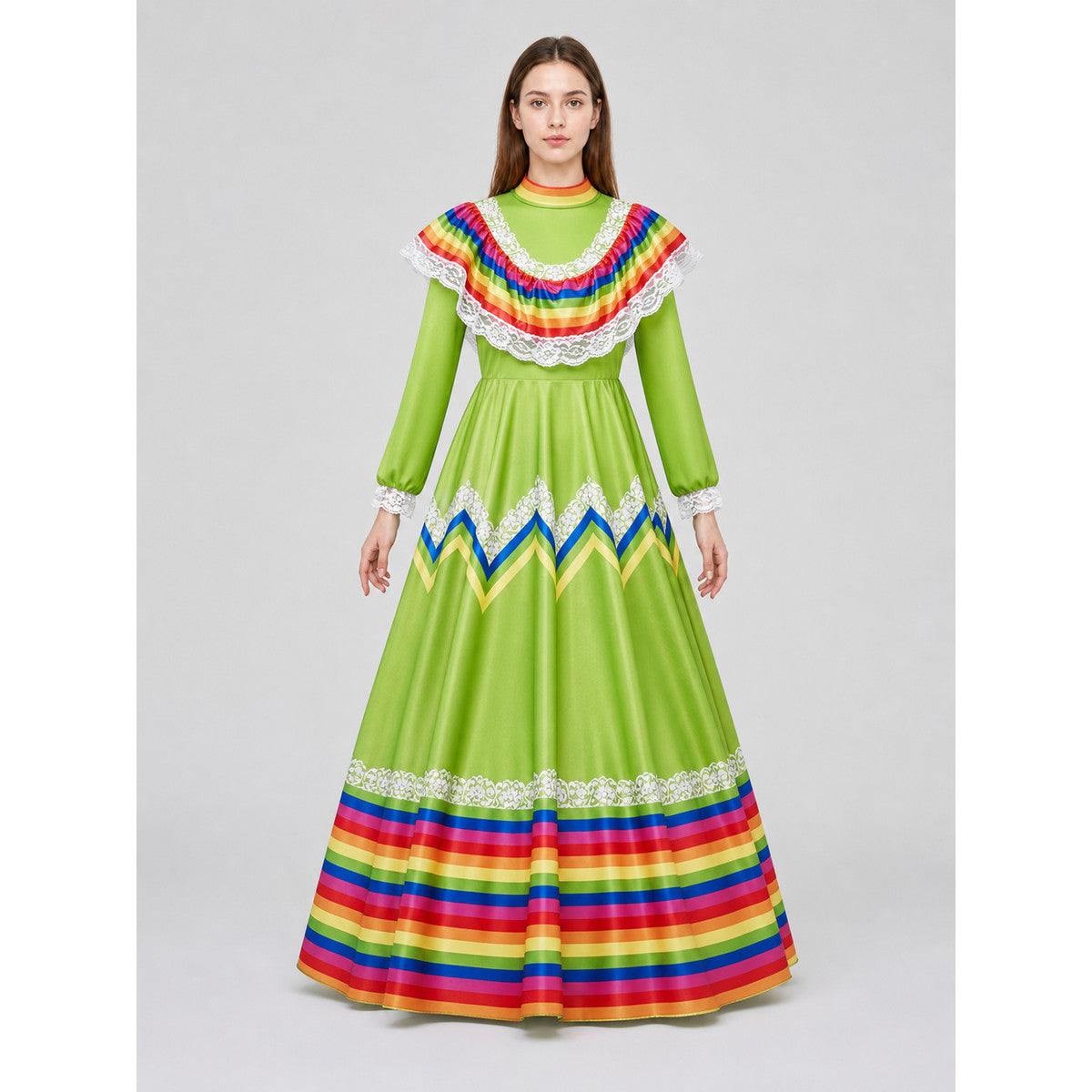 Bright folk dress with a full skirt and lace front view