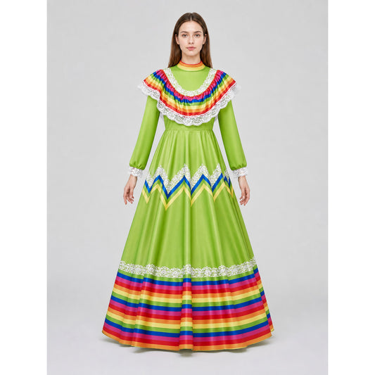Bright folk dress with a full skirt and lace