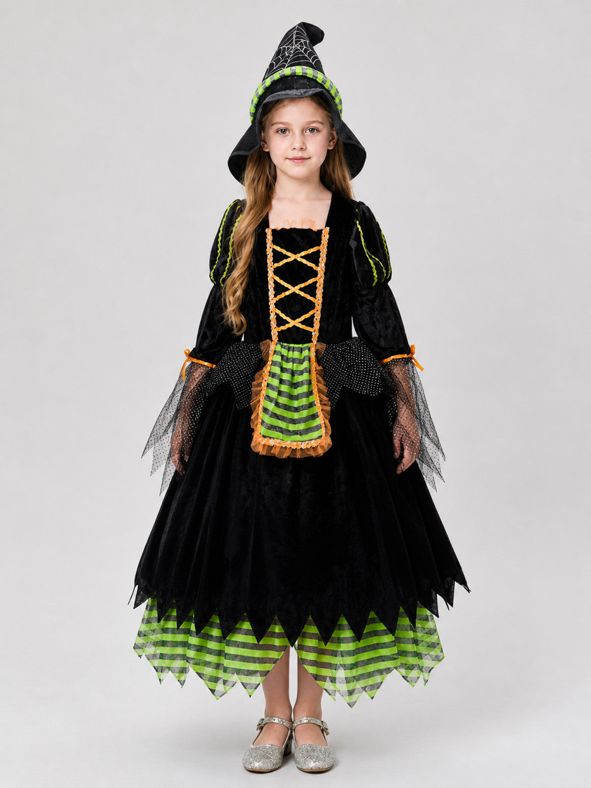 Children's Halloween Witch Costume with Full Skirt and Hat on-model view