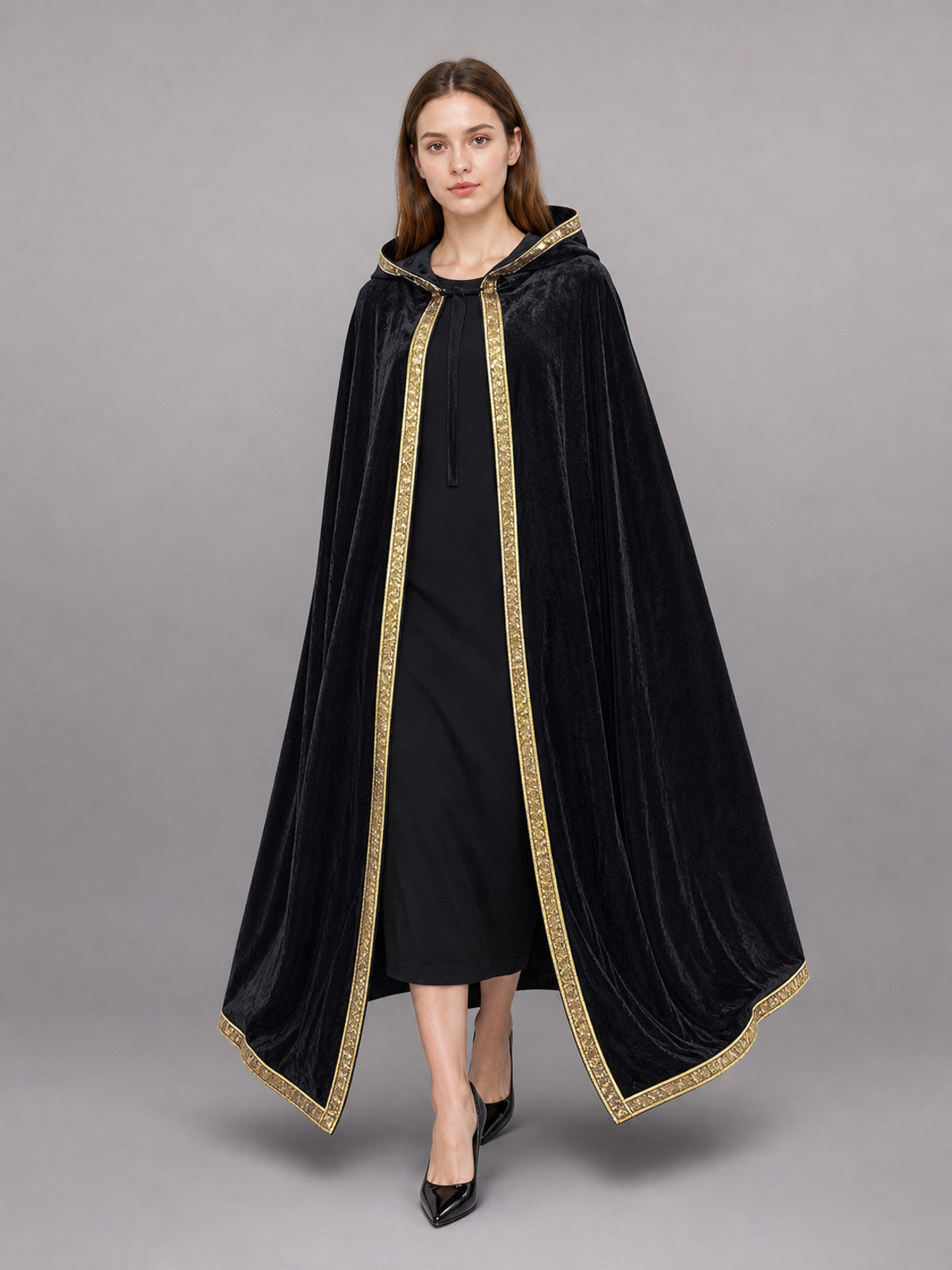 Black Hooded Carnival Cloak with Velvet Texture front view