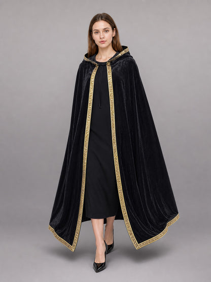 Black Hooded Carnival Cloak with Velvet Texture front view