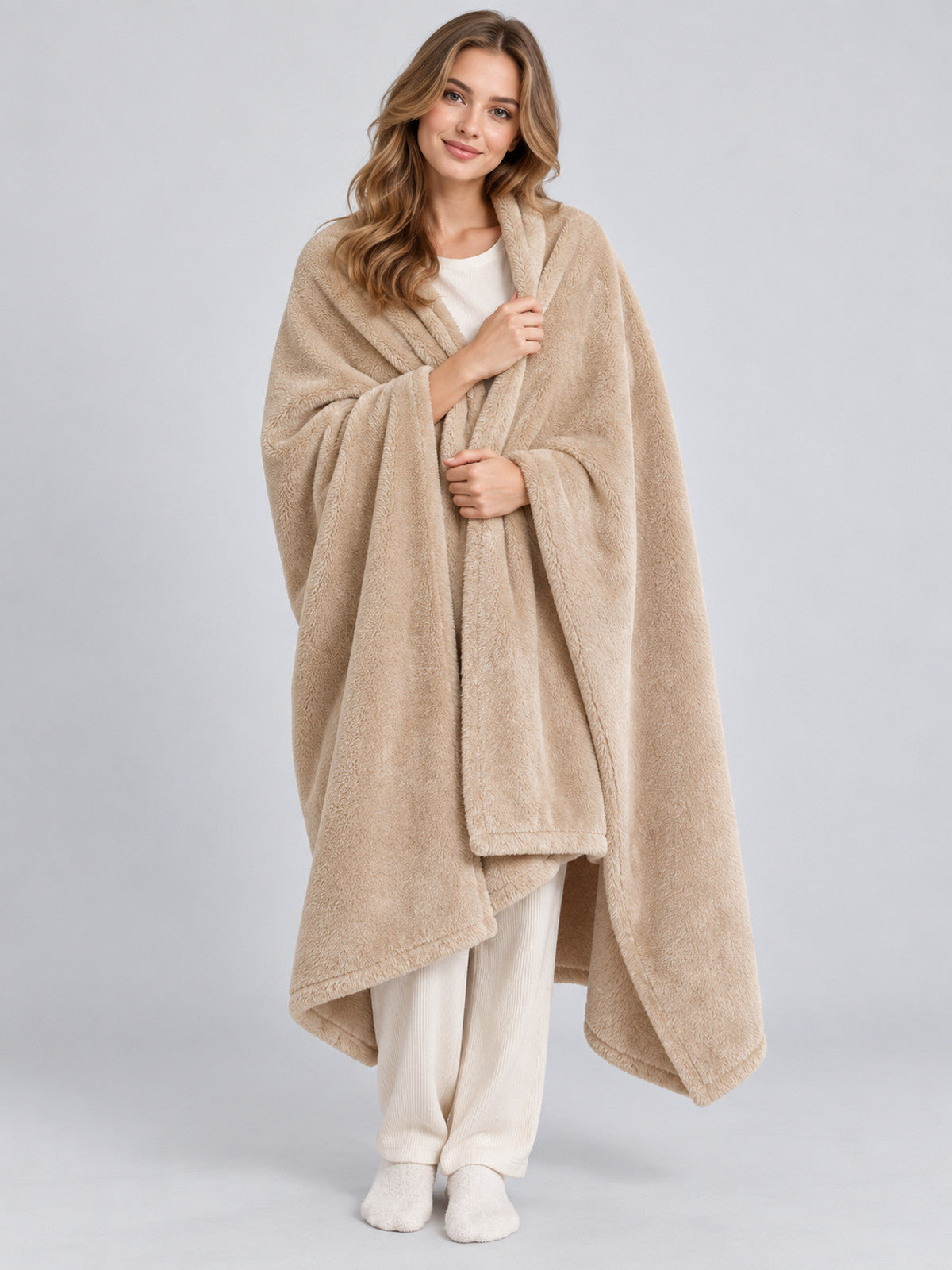 Solid Beige Polyester Throw Blanket