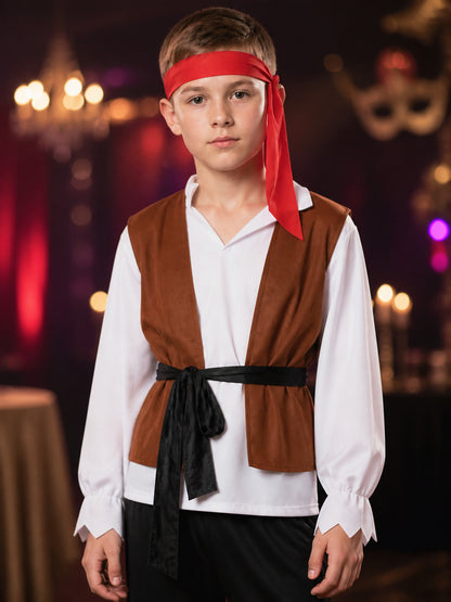 Kids Pirate Costume Set, Brown Vest & Torn Pants, Halloween Party Outfit on-model view