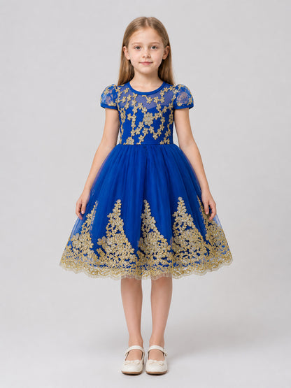Full-Skirted Dress with Gold Embroidery, Bow, and Sequins on-model view