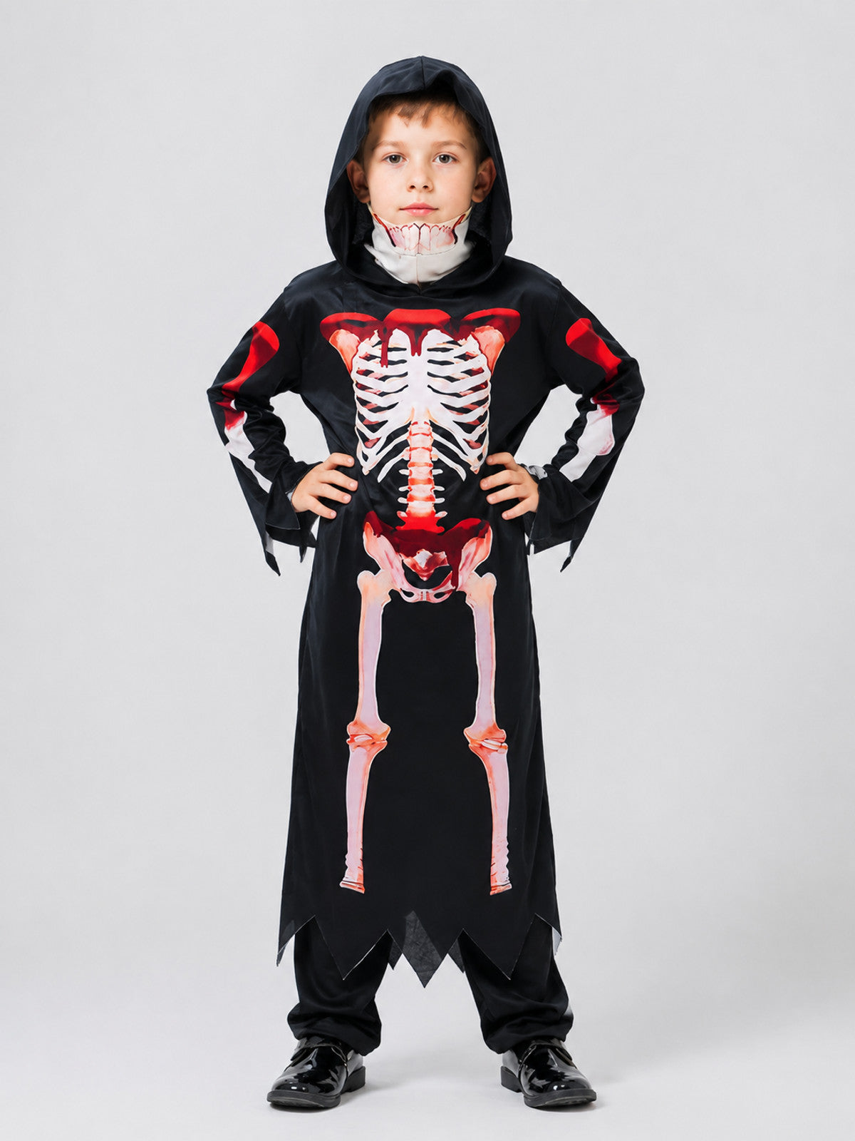 Children’s Grim Reaper Costume with Hood and Skeleton Print on-model view